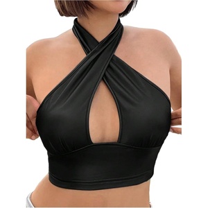 image:imageFloerns Womens Date Night Rave PU Leather Halter Crop Tops Crisscross Backless Music Festival Tank TopBlack