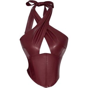 image:imageFloerns Womens Going Out Leather Halter Tops Sleeveless Criss Cross Date Night Corset Crop TopBurgundy