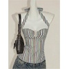 image:imageFloerns Womens Y2k Striped Halter Tops Sleeveless Ruched Open Back Smocked Tank TopBlue Multi