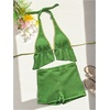 image:imageFloerns Womens 2 Piece Bikini Sets Textured Tie Front Halter Swimsuit with Boyshorts Bathing SuitGreen