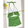 image:imageFloerns Womens 2 Piece Bikini Sets Textured Tie Front Halter Swimsuit with Boyshorts Bathing SuitGreen