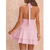 image:imageFloerns Womens Deep V Neck Ruched A Line Halter Mini Dresses Tie Front Asymmetrical Layered Club Party DressesCoral Pink