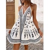 image:imageFloerns Womens Graphic Tie Backless Boho Halter Dress Ruffle Vacation Mini DressesBlack and White