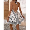 image:imageFloerns Womens Graphic Tie Backless Boho Halter Dress Ruffle Vacation Mini DressesBlack and White