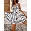 image:imageFloerns Womens Graphic Tie Backless Boho Halter Dress Ruffle Vacation Mini DressesBlack and White