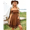 image:imageFloerns Womens Off Shoulder Short Sleeve A Line Dress Lace Trim Cowgirl Western Short DressesBrown