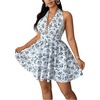 image:imageFloerns Womens Plus Size Cheetah Halter Short Dress Sleeveless Shirred Layered Ruffle Hem Y2k Going Out Mini DressesBlue and White