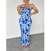 image:imageFloerns Womens Plus Size Summer Floral Strapless Dress Twist Front Bodycon Vacation Long DressesBlue