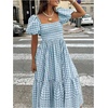 image:imageFloerns Womens Polka Dots Short Puff Sleeve Dress Square Neck Ruffle Summer Maxi DressesBlue and White