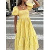 image:imageFloerns Womens Polka Dots Short Puff Sleeve Dress Square Neck Ruffle Summer Maxi DressesYellow