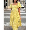 image:imageFloerns Womens Polka Dots Short Puff Sleeve Dress Square Neck Ruffle Summer Maxi DressesYellow