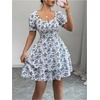 image:imageFloerns Womens Summer Floral Print Square Neck Puff Short Sleeve Dress Cute Ruffle Layered A Line Short DressMulticolor