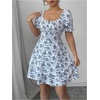 image:imageFloerns Womens Summer Floral Print Square Neck Puff Short Sleeve Dress Cute Ruffle Layered A Line Short DressMulticolor