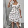 image:imageFloerns Womens Summer Floral Print Square Neck Puff Short Sleeve Dress Cute Ruffle Layered A Line Short DressWhite and Pink