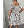 image:imageFloerns Womens Summer Floral Print Square Neck Puff Short Sleeve Dress Cute Ruffle Layered A Line Short DressWhite and Pink