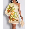 image:imageFloerns Womens Tropical One Shoulder Tunic Dress Dolman Sleeve Beach Vacation Summer DressesApricot Green Floral