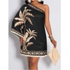 image:imageFloerns Womens Tropical One Shoulder Tunic Dress Dolman Sleeve Beach Vacation Summer DressesBlack