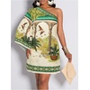 image:imageFloerns Womens Tropical One Shoulder Tunic Dress Dolman Sleeve Beach Vacation Summer DressesCream Green Tropical
