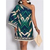 image:imageFloerns Womens Tropical One Shoulder Tunic Dress Dolman Sleeve Beach Vacation Summer DressesDark Green Tropical