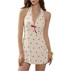 image:imageFloerns Womens Cherry Print Bow Halter Top Dress Backless A Line Cute Mini DressesWhite Multi