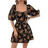 image:imageFloerns Womens Floral Puff Sleeve Smocked Mini Dress Sweetheart Neck A Line Summer DressesYellow Floral