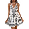 image:imageFloerns Womens Graphic Tie Backless Boho Halter Dress Ruffle Vacation Mini DressesBlack and White