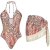 image:imageFloerns Womens One Piece Swimsuit Paisley Tummy Control Monokini with Tassel Cover Up SkirtPink Multi