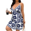 image:imageFloerns Womens Plus Size Floral Wrap V Neck Summer Dress Spaghetti Strap Tie Side Spring SundressesBlue and White