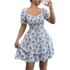 image:imageFloerns Womens Summer Floral Print Square Neck Puff Short Sleeve Dress Cute Ruffle Layered A Line Short DressMulticolor