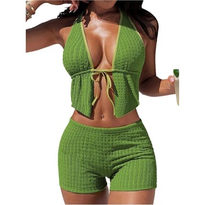 image:imageFloerns Womens 2 Piece Bikini Sets Textured Tie Front Halter Swimsuit with Boyshorts Bathing SuitGreen