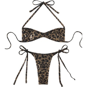 image:imageFloerns Womens 2 Piece Halter Bikini Sets Leopard Tie Side Swimsuit Bathing SuitBrown Multi