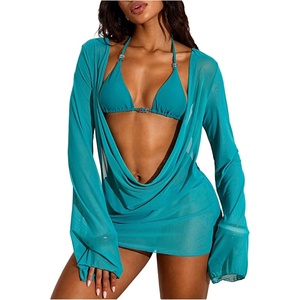 image:imageFloerns Womens 3 Piece Swimsuit Triangle Halter Bikini Sets with Draped Cover UpBlue