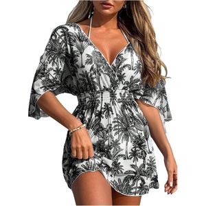 image:imageFloerns Womens Beach Cover Ups Tropical Deep V Neck Bathing Suit Mesh Swim DressBlack and White