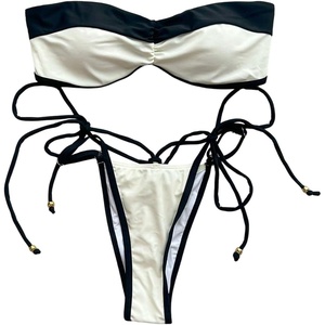 image:imageFloerns Womens Bikini Sets Colorblock Strapless Bandeau Swimsuit Tie Side String Bathing SuitBlack and White