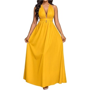 image:imageFloerns Womens Elegant Deep V Neck Halter Dress Sleeveless Backless Flowy Maxi DressesYellow