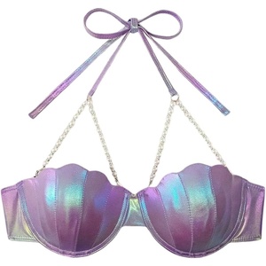 image:imageFloerns Womens Laser Seashell Bra Bikini Top Pearl Strap Push Up Halter Bathing SuitPurple