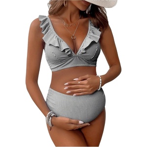 image:imageFloerns Womens Maternity Striped Print Ruffle Trim V Neck 2 Piece Bathing SuitBlack
