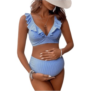 image:imageFloerns Womens Maternity Striped Print Ruffle Trim V Neck 2 Piece Bathing SuitBlue and White