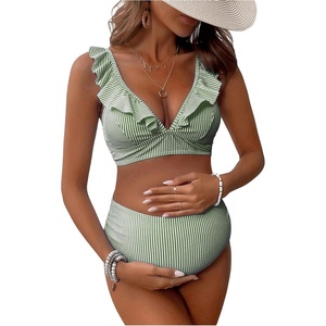 image:imageFloerns Womens Maternity Striped Print Ruffle Trim V Neck 2 Piece Bathing SuitGreen