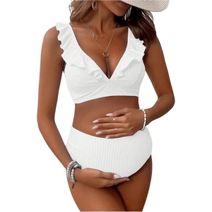 image:imageFloerns Womens Maternity Striped Print Ruffle Trim V Neck 2 Piece Bathing SuitWhite