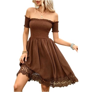 image:imageFloerns Womens Off Shoulder Short Sleeve A Line Dress Lace Trim Cowgirl Western Short DressesBrown
