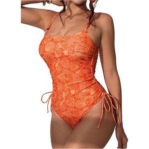 image:imageFloerns Womens One Piece Swimsuit Beaded Drawstring Tummy Control Bathing Suit Adjustable StrapsOrange