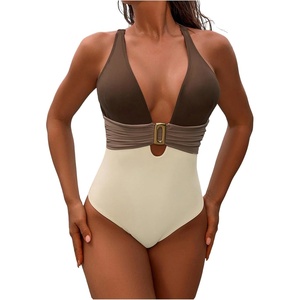 image:imageFloerns Womens One Piece Swimsuit Cut Out Colorblock Tummy Control Bathing SuitBrown Multi
