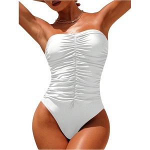 image:imageFloerns Womens One Piece Swimsuit Ruched Strapless Tummy Control Bandeau Bathing SuitsWhite