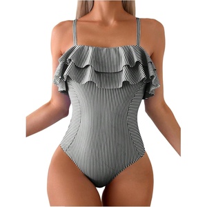 image:imageFloerns Womens One Piece Swimsuit Ruffle Trim Striped Print Monokini SwimwearBlack