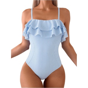 image:imageFloerns Womens One Piece Swimsuit Ruffle Trim Striped Print Monokini SwimwearBlue and White