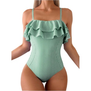 image:imageFloerns Womens One Piece Swimsuit Ruffle Trim Striped Print Monokini SwimwearGreen