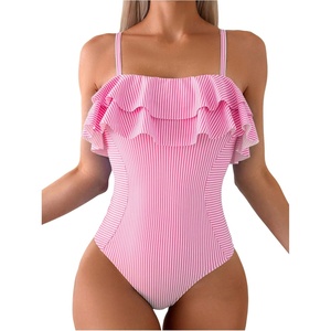 image:imageFloerns Womens One Piece Swimsuit Ruffle Trim Striped Print Monokini SwimwearPink
