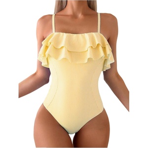image:imageFloerns Womens One Piece Swimsuit Ruffle Trim Striped Print Monokini SwimwearYellow