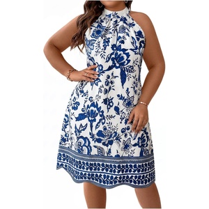 image:imageFloerns Womens Plus Size Floral Halter Dress Sleeveless Tie Back Summer A Line DressesBlue White Multi